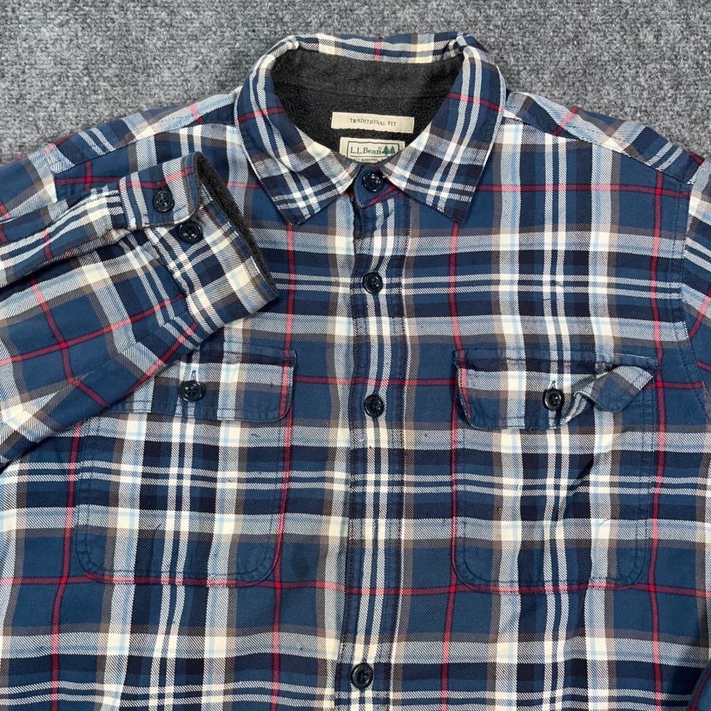 LL Bean Traditional Fit Fleece Lined Flannel Work Shirt Mens M Plaid Blue  Chore